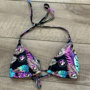 Buc-ee's Womens Tropical Triangle Bikini Top Black Neon Palm Beaver Logo Small
